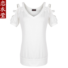恋衣莹女装 2012新款大码夏装韩版V领中长款性感露肩修身短袖T恤