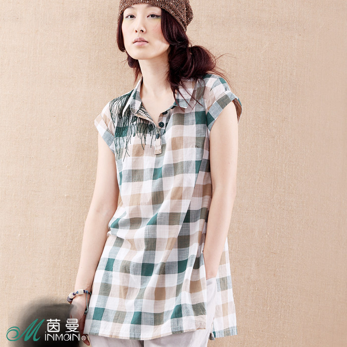 INMAN茵曼正品2011新款大码女装 纯棉格子 衬衫 女 短袖B10080 价格:139.00