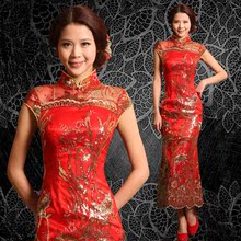 2012新款时尚新娘旗袍 长款修身结婚旗袍 红色改良敬酒旗袍