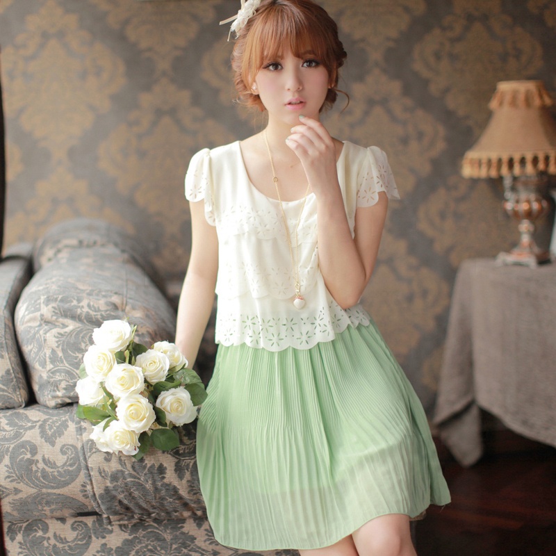 韩版清新缕空拼色...