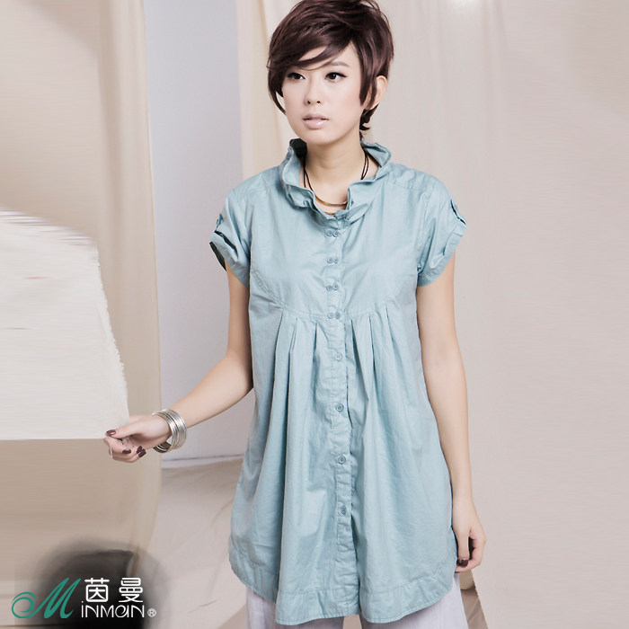 INMAN茵曼正品2011新款海休闲 长 纯棉大码短袖衬衫 女B8956 价格:158.00