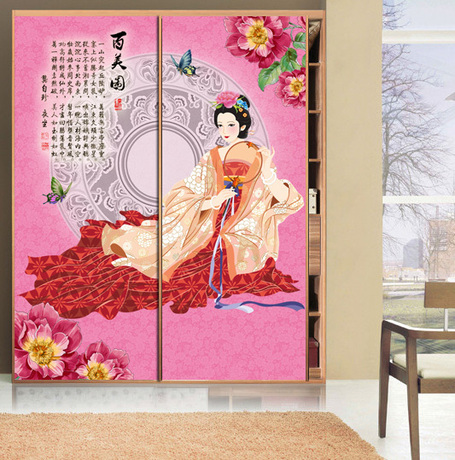 订制百美仕女图衣柜移门艺术玻璃贴纸*阳台天