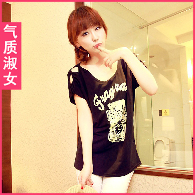韩版女装2012新款夏装时尚宽松露肩T恤短袖印花蝙蝠衫T<span class=H>838</span>夏季
