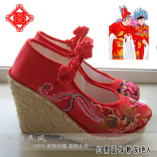  秀禾服旗袍绣花鞋 结婚鞋新娘鞋 9cm坡跟高跟 凤穿牡丹红色 34-40