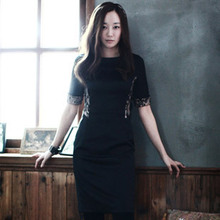 艾莱依2012新款韩国SZ正品女装蕾丝拼接中袖收腰连衣裙