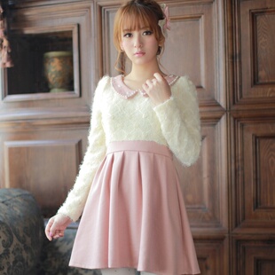  年度盛典 韩版甜美娃娃领拼接玫瑰花修身加厚冬款毛呢连衣裙 新款