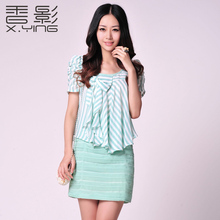 香影2012正品新款夏女装条纹拼接泡泡袖包臀连衣裙Q822016原价349