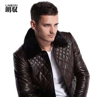  朗驭 真皮皮衣 男 水貂毛领翻领修身真皮羽绒服 绵羊皮 男士皮衣