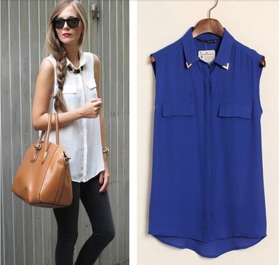 The European and American wind the new shirt Sleeveless lapel collar metal decorative pocket Blouse chiffon unlined uppe