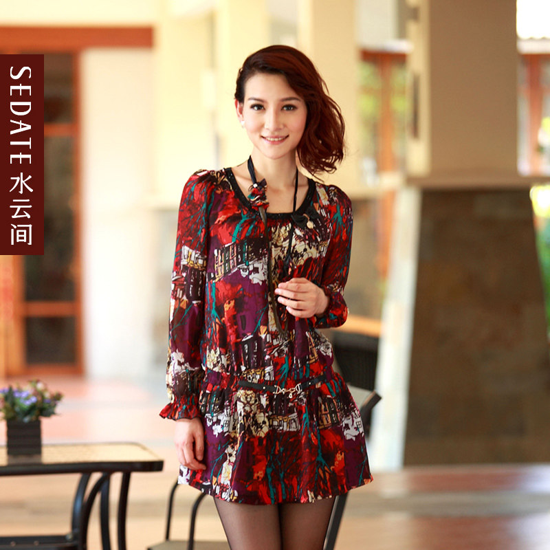 水云间品牌女装专柜正品2012秋装新款品质淑女彩绘连衣裙