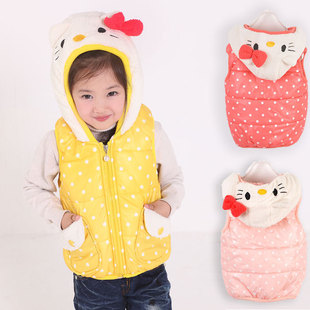 秋冬女童宝宝儿童装加厚夹棉羊羔绒带帽棉 背心 马甲外套开衫