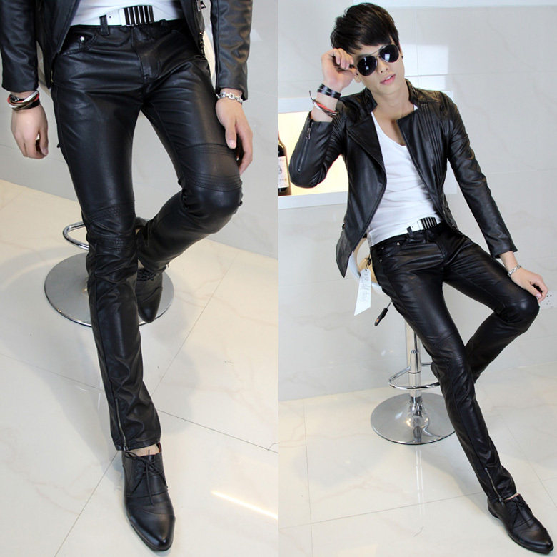 New wave of men's pants, men Han slim men and small feet tight leather pants personality sportsman men's leather pants leather pants