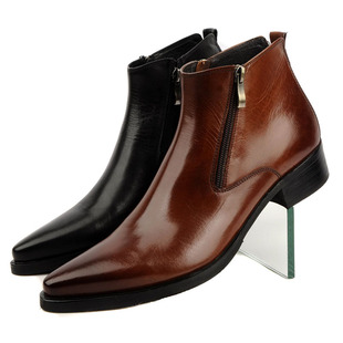  英伦尖头商务正装男靴 时尚高帮工装靴子 韩版中低筒潮男皮靴真皮
