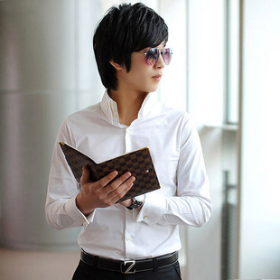  潮停 秋冬男士长袖衬衣法式袖扣反袖长袖衬衫男修身高领衬衫