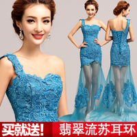新娘伴娘结婚敬酒婚纱<em>晚礼服</em>蓝色单肩<em>长款</em>晚装