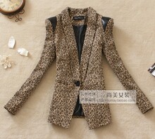 2012新款春装女装外套 拼<span class=H>皮</span>耸肩 欧美复古豹纹 中长款修身<span class=H>小</span>西装