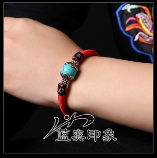  原创饰品云南民族风复古首饰 手工红绳天然绿松石手环手链手镯 女