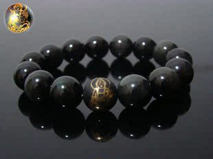  开光天然黑曜石手链男款普贤菩萨生肖龙蛇手珠/本命佛手链情侣款