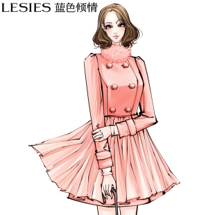  蓝色倾情冬季女装新品兔毛领双排扣网纱拼接毛呢外套大衣