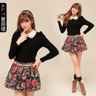  爱丽缇 秋冬新品欧美风复古大花朵百褶裙半身裙短A字蓬蓬裙 女