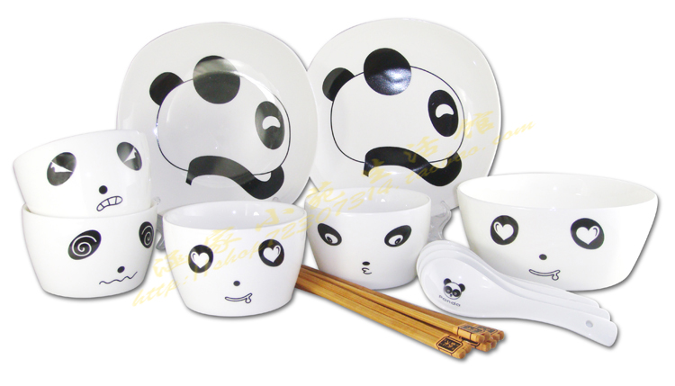 15头可爱黑白控熊猫碗套装10%骨瓷盘韩式陶瓷器个性创意礼品餐具