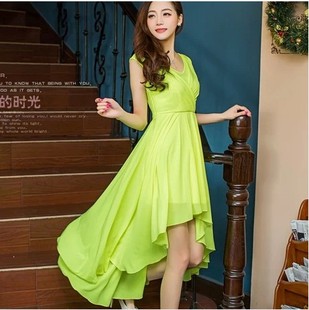2014夏季新款连衣裙女雪纺 前短后长燕尾裙 韩