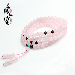  三缘证宝 开光粉水晶佛珠手链配石榴石 芙蓉石旺桃花108颗饰品女