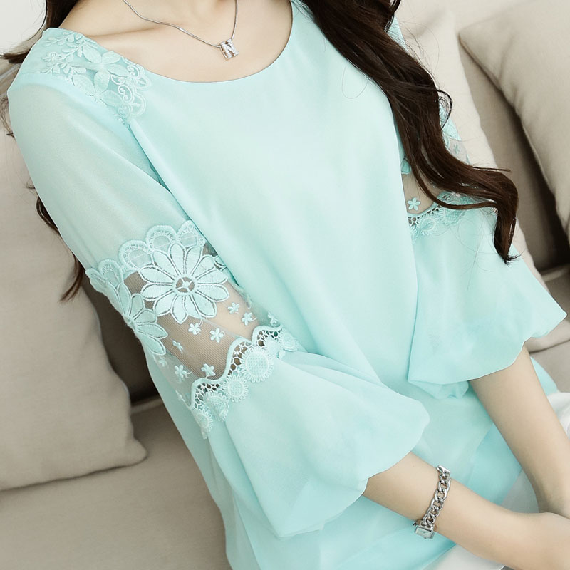 2014夏装新款大码女装韩版打底T雪纺衫衬衫气质显瘦蕾丝刺绣上衣