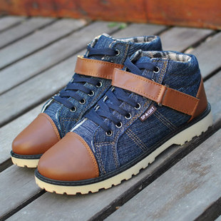  包邮秋冬时尚韩版新款男式短靴牛仔布中帮皮扣带休闲鞋帆布鞋潮鞋
