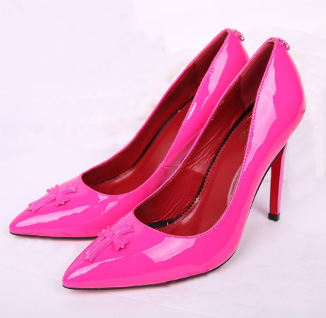 欧洲站糖果荧光色漆皮高跟细跟尖头高跟鞋红底
