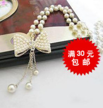 四皇冠X165●韩国饰品●淑女珍珠蝴蝶结长款项链 毛衣链 满30包邮