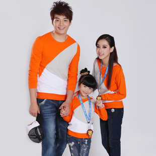  春装韩版拼色圆领长袖T恤打底衫母女父女装亲子装纯棉成品T恤