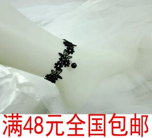  黑色缕空蕾丝脚链 女 韩版 多层 复古 韩版 时尚 黑色简约水晶