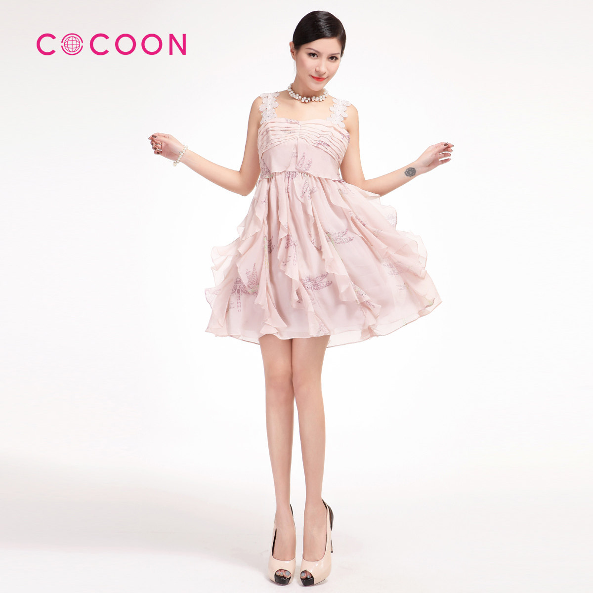 COCOON2012新品荷叶边真丝印花吊带抹胸连衣裙212402084原价1888
