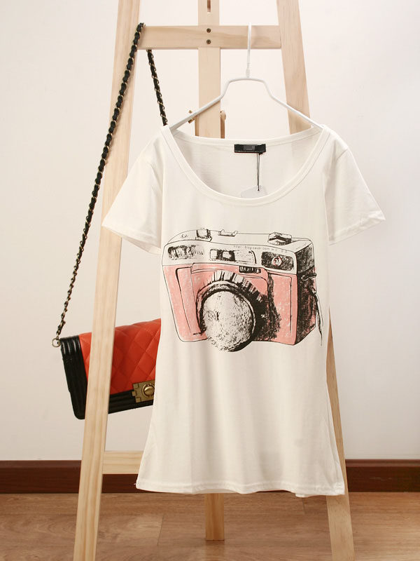 <span class=H>艾米</span> 2012夏装新品日单修身棉女打底衫短袖印花T恤 相机 8833