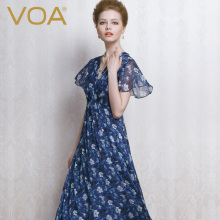 VOA 蓝底白花真丝雪纺V领飞飞袖松紧腰度假旅行拍照连衣长裙A0225图片