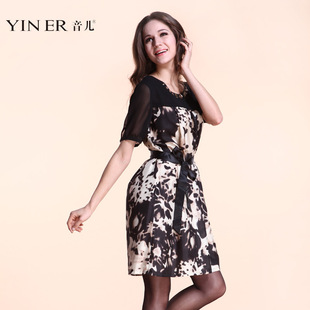 YINER音儿影儿 专柜正品2012新短袖真丝圆领印花连衣裙89205620