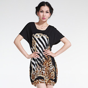 ONEBUYE2012欧美夏季新款大码显瘦宽松短袖拼接豹纹印花连衣<span class=H>裙装</span>