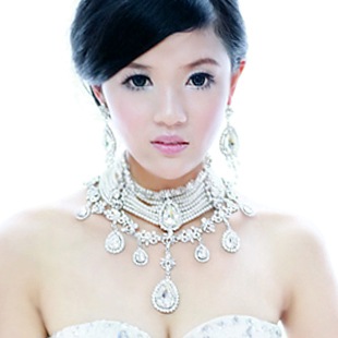  [千色新娘]8折婚礼的祝福 韩式复古珍珠结婚纱项链两件套水钻饰品