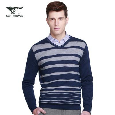 七匹狼针织衫2014春款男士毛衣V领羊毛衫修身