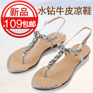  包邮朵牧夏新款 韩版波西米亚水钻 夹趾夹脚平底平跟凉鞋女