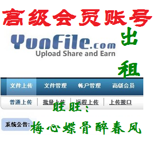 【在线发货】5天yunfile高级账号租用 0.5元 包24x5小时