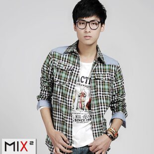 MIX2 2011新款秋装男士长袖衬衫潮韩版修身休闲格子衬衣