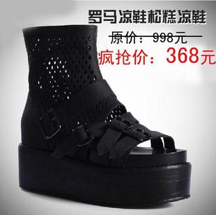  清仓新款包邮罗马凉鞋女鱼嘴鞋中跟平底包跟高帮厚底松糕鞋真牛皮