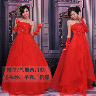 2014韩版高腰婚纱礼服新娘，长款敬酒服红色，婚纱孕妇可用绑带款