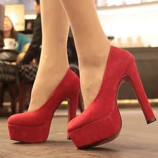  欧美夜店性感单鞋 防水台圆头超高跟鞋韩国名媛公主粗跟红色婚鞋