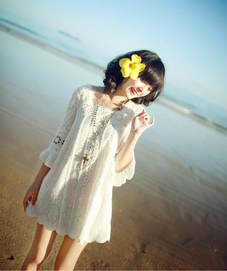 瑞丽女装1423日韩 服饰 蕾丝花边镂空七分袖洛丽塔可爱公主连衣裙