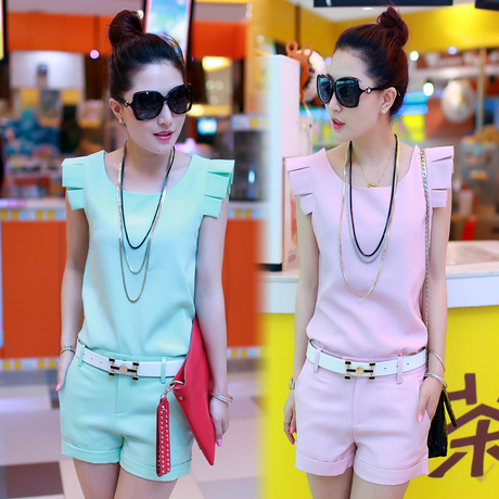 <em>女士</em>休闲套装2014新款<em>夏装</em>韩版雪纺荷叶短袖