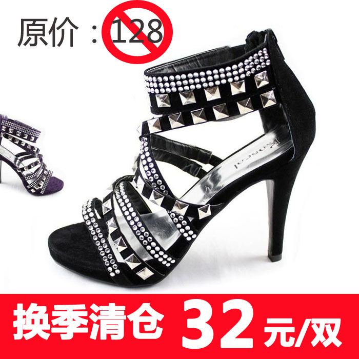 清仓特价 朋克风水钻铆钉超高跟防水台罗马凉鞋大码女鞋