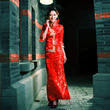 新娘装,旗袍网,淘宝网旗袍-2012时尚改良新娘 旗袍   复古蕾丝结婚 旗袍  中式红色长款夹棉 旗袍 